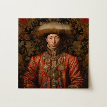 Altan Jinong - Gay Ordos Mongol Prince Art Print / Canvas Portrait Young Man Ornate Traditional Attire Rich Red