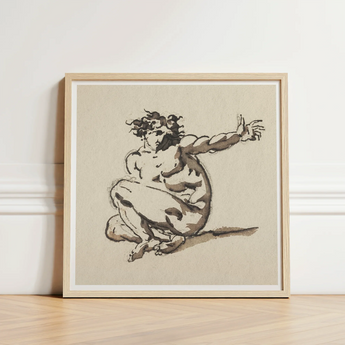 Minimalist Beige-framed Artwork Dynamic Ink-wash Sketch Nude Figure Nicolai Abraham Abildgaard, Male, Collapses, Greek, Tragedy, Single