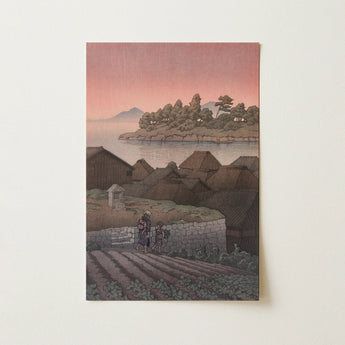 Rectangular Japanese Woodblock Print Serene Village Scene Thatched-roof Amakusa Honryo, Kawase Hasui’s, Print’s Exact Minute, Pine-topped