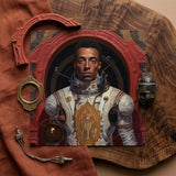 Amari - Gay Black Astronaut Art Print / Canvas Detailed Portrait Astronaut White Gold Ornate Spacesuit Framed Gay Black Astronaut,