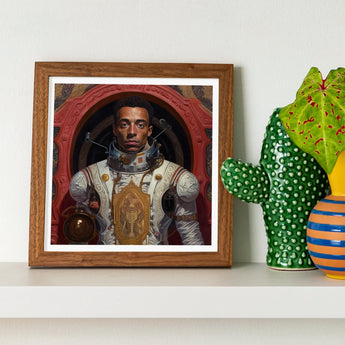 Amari - Gay Black Astronaut Art Print / Canvas Framed Portrait Man Ornate White Gold Suit, Aesthetic, Gayest Prints
