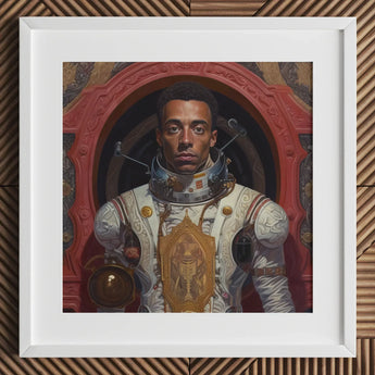 Amari - Gay Black Astronaut Art Print / Canvas White Framed Portrait Red Gold Accents Detailed, Aesthetic, Gayest Prints