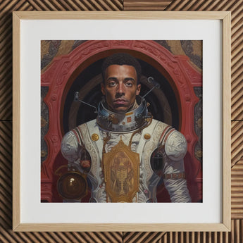 Amari - Gay Black Astronaut Art Print / Canvas Wooden Framed Astronaut Portrait Red Gold Accents Detailed Gay Black Astronaut, Aesthetic,