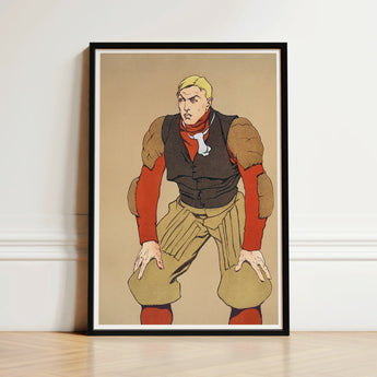Black-framed Art Print Stylized Illustration Muscular Man Vintage American Football Player, Edward Penfield’s, Olive-khaki Padded Trousers,