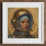 Amira - Lesbian Muslim Astronaut Art Print / Canvas Gold Helmet Blue Headscarf Intricate Design, Aesthetic, Gayest Prints
