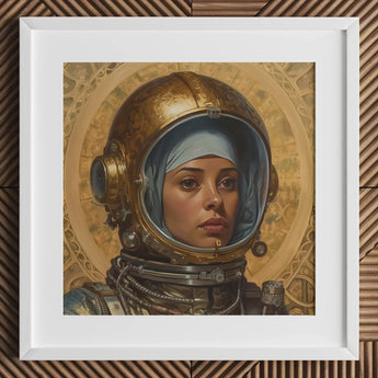 Amira - Lesbian Muslim Astronaut Art Print / Canvas Gold Helmet Blue Headscarf Intricate Design, Aesthetic, Gayest Prints