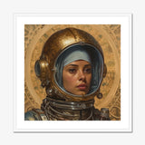 Amira - Lesbian Muslim Astronaut Art Print, Astronaut Woman Ornate Golden Space Helmet