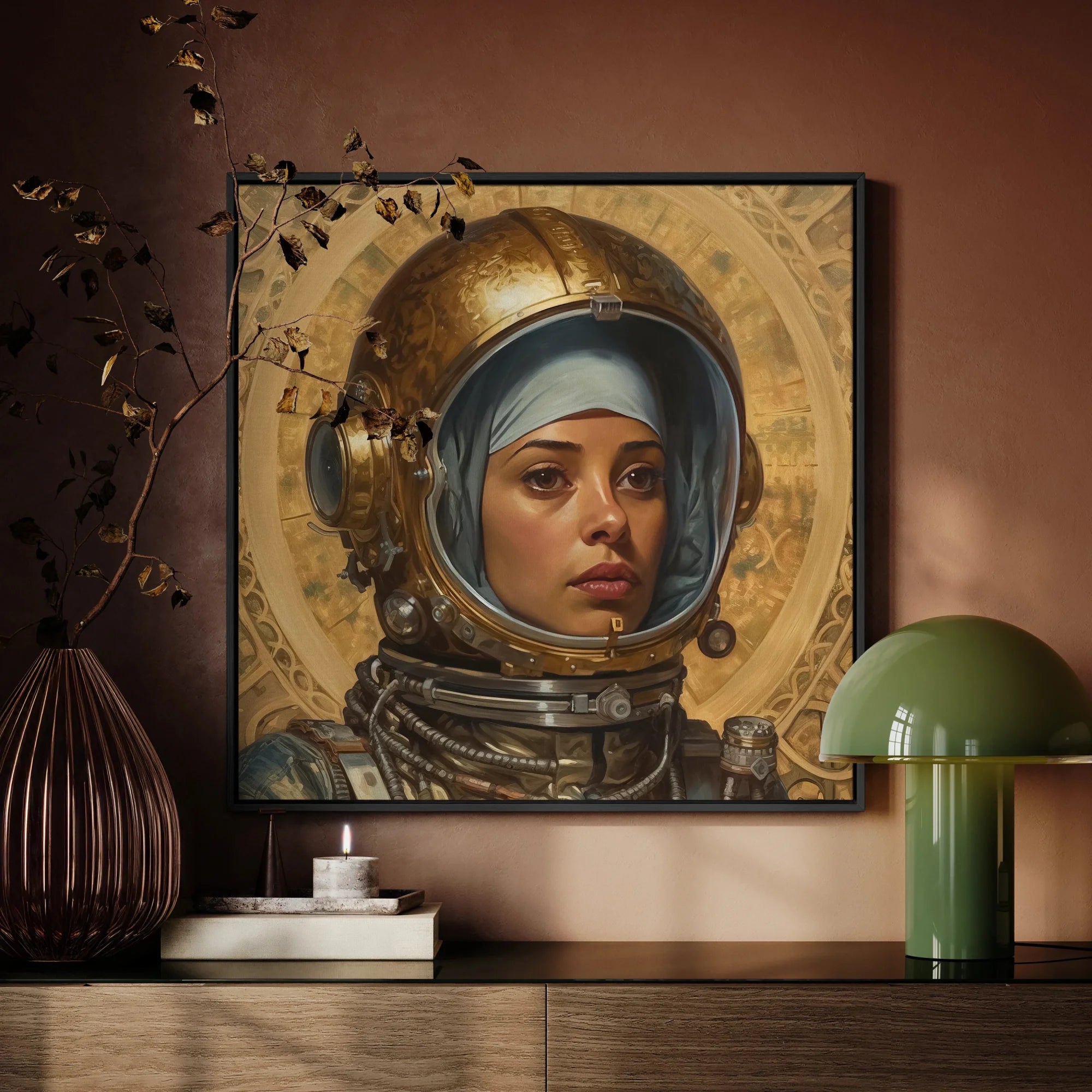 Amira - Lesbian Muslim Astronaut Framed Canvas, Framed Painting Person Golden Astronaut Helmet Blue Head