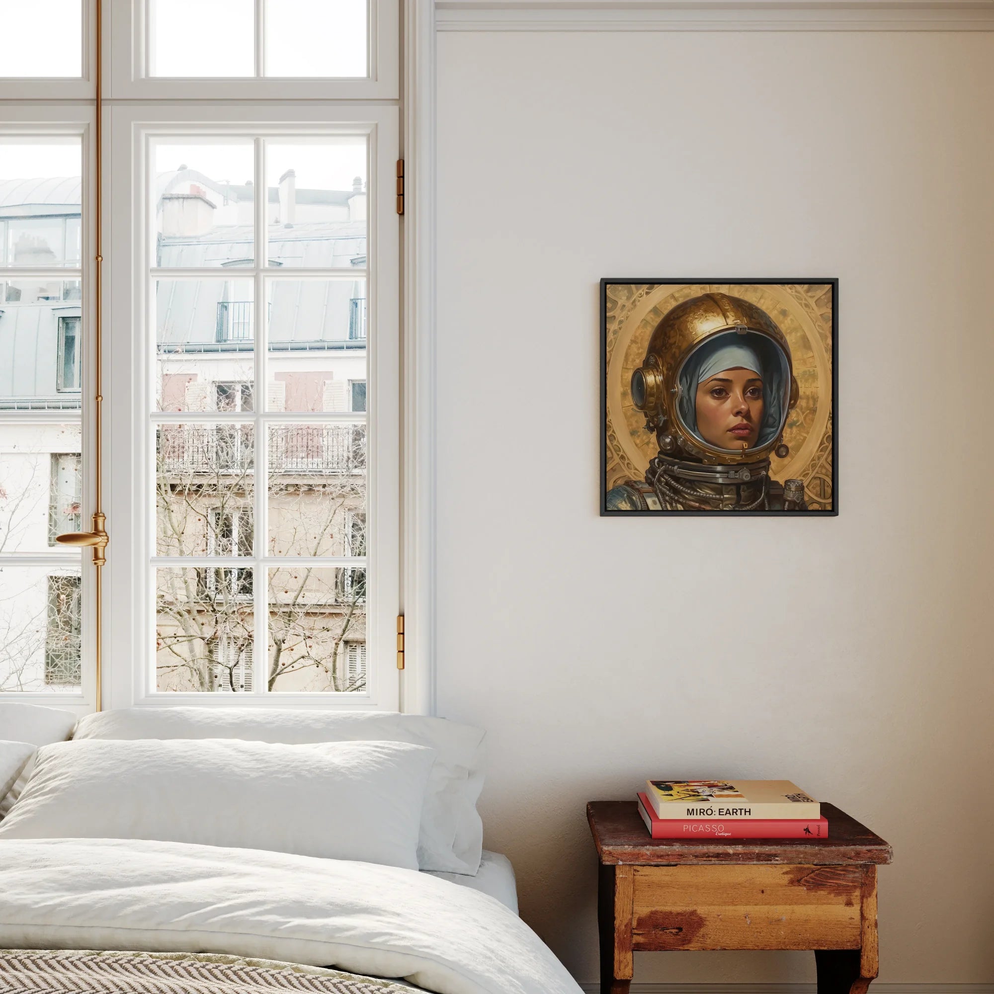 Amira - Lesbian Muslim Astronaut Framed Canvas, Framed Portrait Painting Person Blue Headscarf Golden Halo