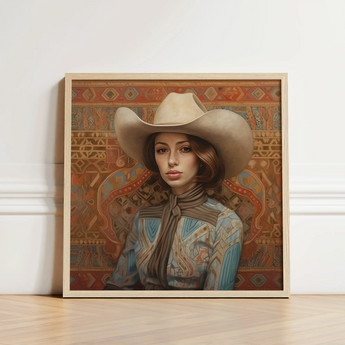 Framed Portrait Woman Beige Cowboy Hat Blue Patterned Modern Frontier Maverick, Arabic Lesbian Cowgirl, Striking