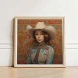 Framed Portrait Woman Beige Cowboy Hat Patterned Blouse Modern Frontier Maverick, Arabic Lesbian Cowgirl, Striking