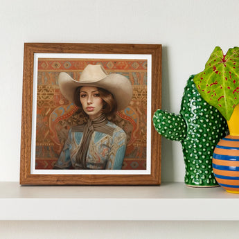 Anahita - Arabic Lesbian Cowgirl Art Print / Canvas Framed Artwork Figure Western Attire Cowboy Hat Ornate Modern Frontier Maverick,