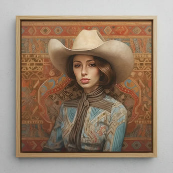 Anahita - Arabic Lesbian Cowgirl Art Print / Canvas Framed Oil Painting Woman Cream-colored Cowboy Hat Patterned Modern Frontier Maverick,