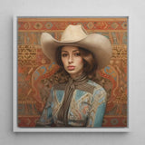 Anahita - Arabic Lesbian Cowgirl Art Print / Canvas Framed Portrait Woman Beige Cowboy Hat Patterned Blue Modern Frontier Maverick,