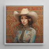 Anahita - Arabic Lesbian Cowgirl Art Print / Canvas Framed Portrait Woman Beige Cowboy Hat Patterned Blue Modern Frontier Maverick, Arabic