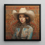 Anahita - Arabic Lesbian Cowgirl Art Print / Canvas Framed Portrait Woman Beige Cowboy Hat Patterned Blue Modern Frontier Maverick,