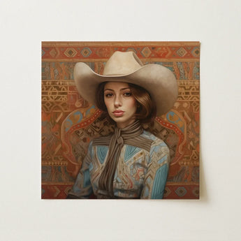 Anahita - Arabic Lesbian Cowgirl Art Print / Canvas Square Canvas Painting Woman Cream-colored Cowboy Hat Patterned Modern Frontier