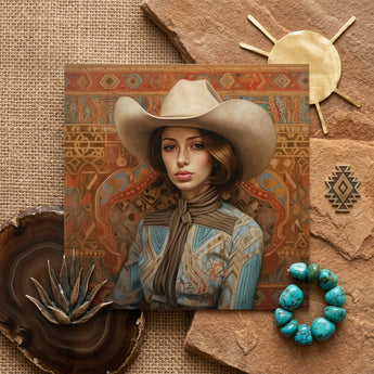 Anahita - Arabic Lesbian Cowgirl Art Print / Canvas Square Canvas Print Woman Beige Cowboy Hat Blue Modern Frontier Maverick, Arabic