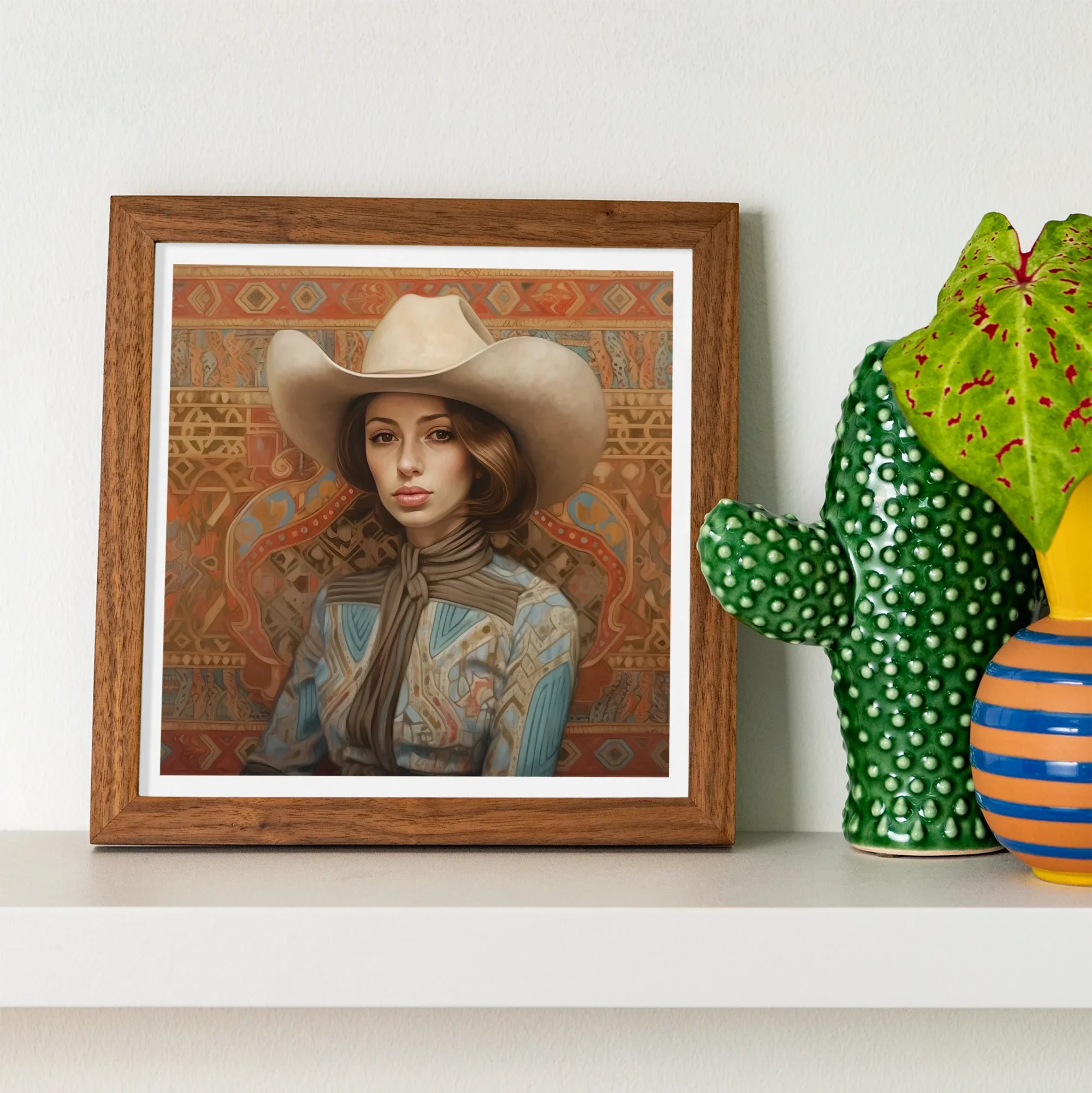 Anahita - Arabic Lesbian Cowgirl Art Print, Framed Artwork Figure Western Attire Cowboy Hat Ornate