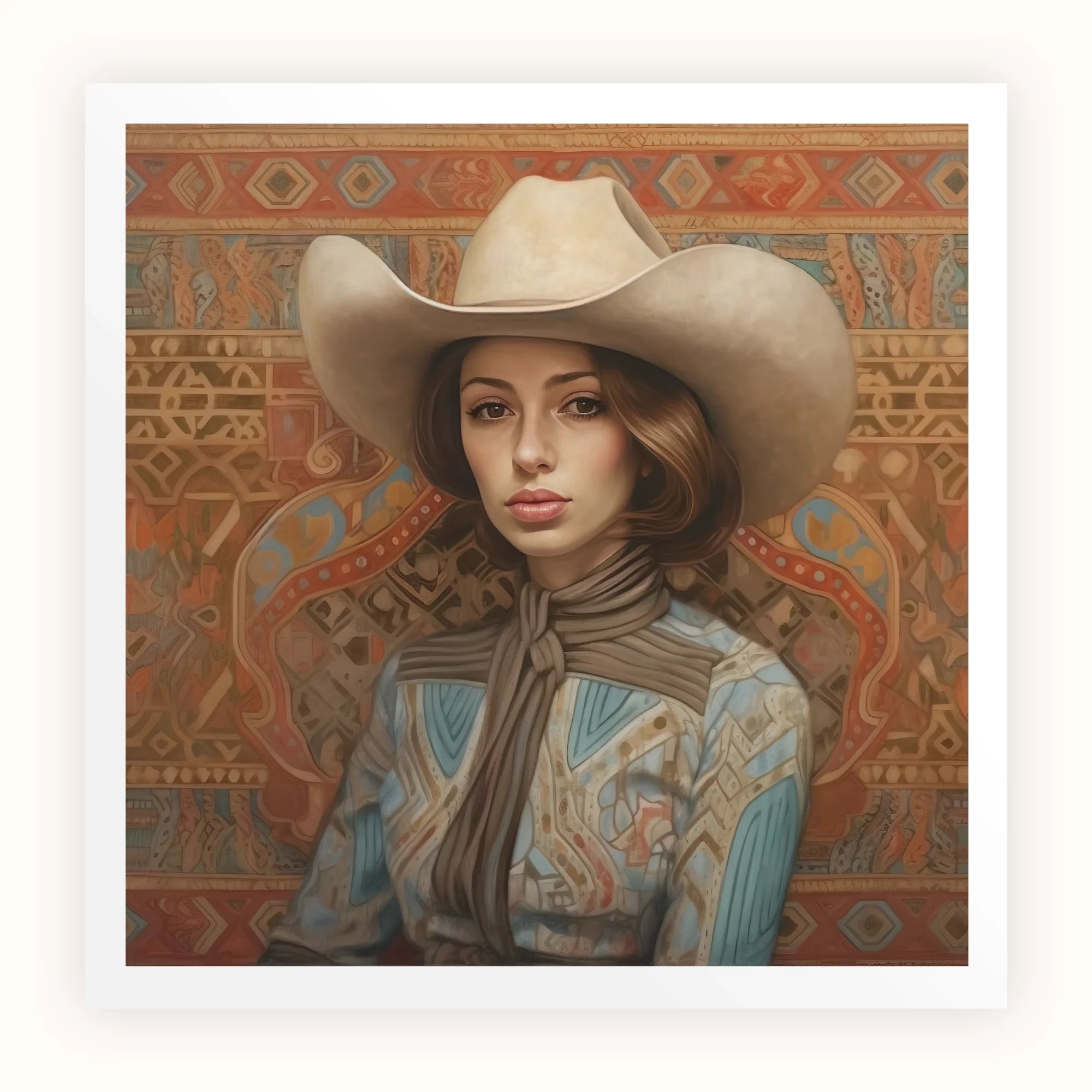 Anahita - Arabic Lesbian Cowgirl Art Print, Portrait Person Light-colored Cowboy Hat Western-style Shirt Patterned