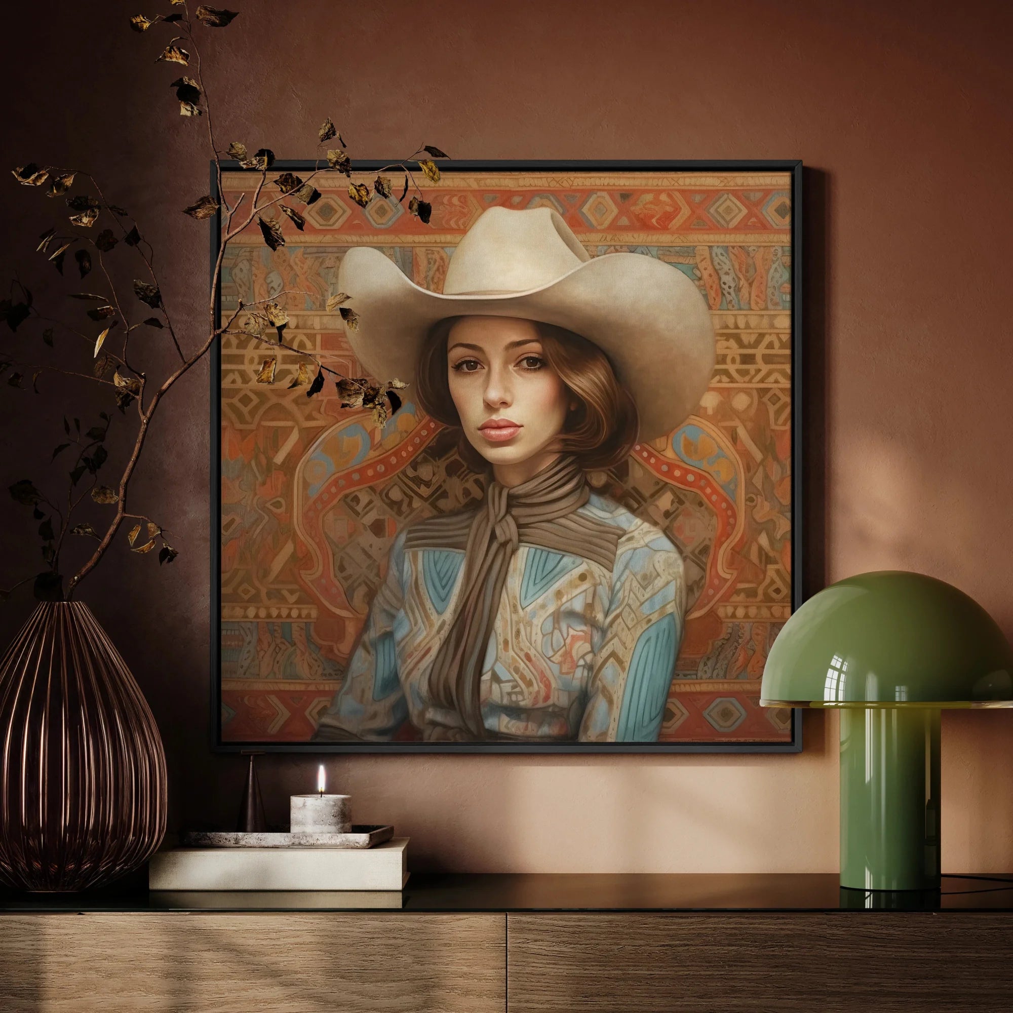 Anahita - Persian Lesbian Cowgirl Framed Canvas, Framed Portrait Woman White Cowboy Hat Blue Patterned