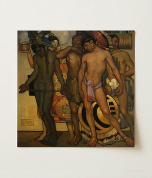 Square Canvas Painting Group Indigenous Figures Traditional Attire Ancient Gods, Saturnino Herrán Pressed, Picture’s Lower Two-thirds,