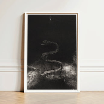 Black White Framed Artwork Serpentine Figure Abstract Textured Serpent Lies Coiled, Odilon Redon Art Print, Pallid Radiance
