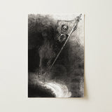 A vertical art print featuring a monochrome sketch of a skeletal figure holding a sword, displayed against a light beige wall.
