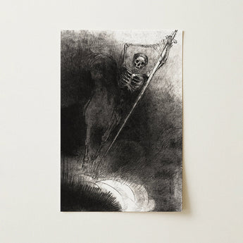 A vertical art print featuring a monochrome sketch of a skeletal figure holding a sword, displayed against a light beige wall.