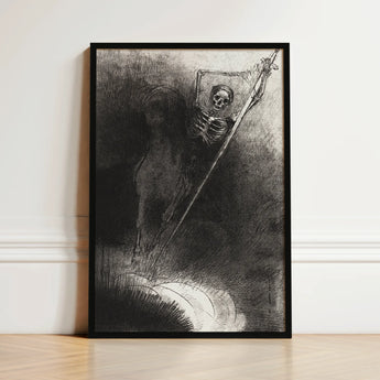 And His Name that Sat on Him was Death - Odilon Redon Art Print / Canvas Black-framed Artwork Skeletal Figure Staff Rendered Monochrome