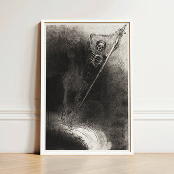 And His Name that Sat on Him was Death - Odilon Redon Art Print / Canvas Framed Black-and-white Sketch Skeletal Figure Long Staff Enclosed,