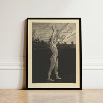 Black-framed Artwork Monochromatic Print Nude Figure Arms Raised Max Klinger’s Etching, Vom Tode Zweiter, Teil, Bare-legged Man Lifting,