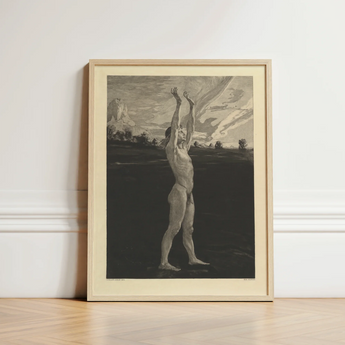Framed Black-and-white Lithograph Nude Figure Arms Raised Encased Max Klinger’s Etching, Vom Tode Zweiter, Teil, Bare-legged Man Lifting,