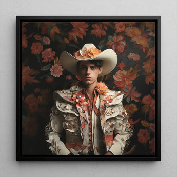 Andrés - Hispanic Gay Vaquero Art Print / Canvas Framed Portrait Young Man Ornate Cream-colored Bullfighter’s Outfit Spanish Charm, Cowboy