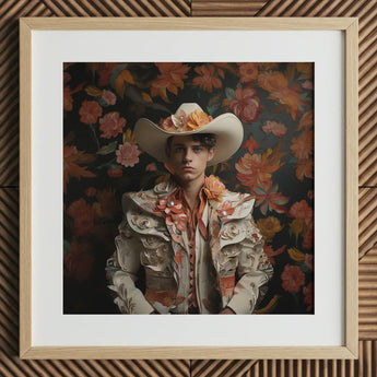 Andrés - Hispanic Gay Vaquero Art Print / Canvas Framed Portrait Man Ornate Cream-colored Bullfighter’s Outfit Adorned Spanish Charm,