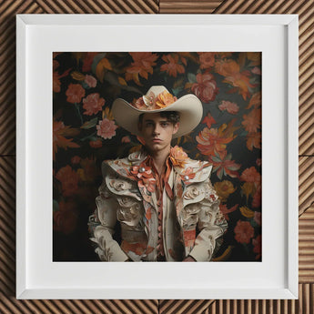 Andrés - Hispanic Gay Vaquero Art Print / Canvas Framed Portrait Man Ornate Cream-colored Bullfighter’s Outfit Adorned Spanish Charm,