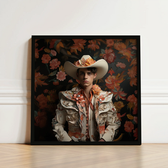 Framed Portrait Man Ornate Cream-colored Bullfighter Attire Adorned Spanish Vaquero Charm, Hispanic Gay, Cowboy Art