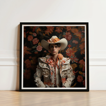 Framed Portrait Young Man Ornate Cream-colored Bullfighter’s Outfit Spanish Vaquero Charm, Hispanic Gay, Cowboy Art