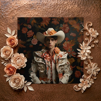 Andrés - Hispanic Gay Vaquero Art Print / Canvas Decorative Copper-toned Frame Embossed Texture Adorned Intricate Paper Spanish Vaquero