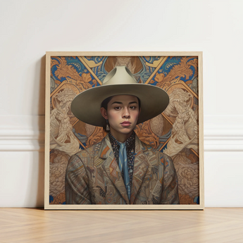 Framed Portrait Person Wide-brimmed Beige Hat Intricately Patterned Latinx Transgender Cowboy, Dandy, Outlaw