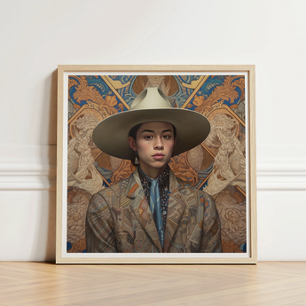 Framed Portrait Person Wide-brimmed Beige Hat Patterned Brown Latinx Transgender Cowboy, Dandy, Outlaw
