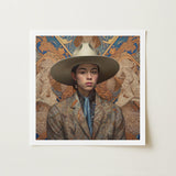 Angel - Latinx Transgender Cowboy Art Print / Canvas Framed Portrait Person Wide-brimmed Beige Hat Intricately Patterned, Dandy, Outlaw