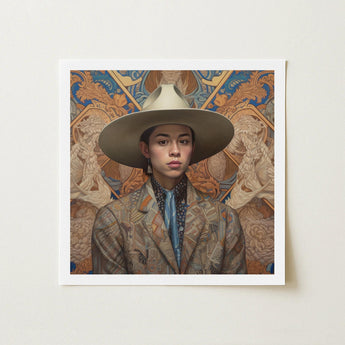 Angel - Latinx Transgender Cowboy Art Print / Canvas Framed Portrait Person Wide-brimmed Beige Hat Intricately Patterned, Dandy, Outlaw