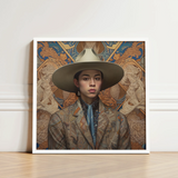 Framed Portrait Person Wide-brimmed Beige Hat Intricately Patterned Latinx Transgender Cowboy, Dandy, Outlaw