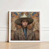 Framed Portrait Person Wide-brimmed Beige Hat Intricately Patterned Latinx Transgender Cowboy, Dandy, Outlaw