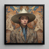 Angel - Latinx Transgender Cowboy Art Print / Canvas Framed Portrait Person Off-white Wide-brimmed Hat Patterned Blazer Latinx Transgender