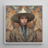 Angel - Latinx Transgender Cowboy Art Print / Canvas Framed Portrait Person Off-white Wide-brimmed Hat Patterned Blazer, Dandy, Outlaw