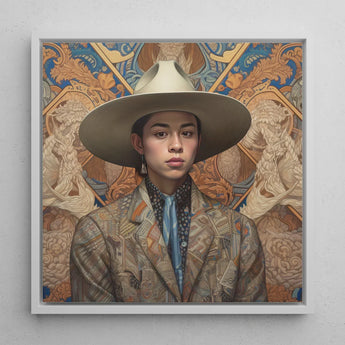 Angel - Latinx Transgender Cowboy Art Print / Canvas Framed Portrait Person Off-white Wide-brimmed Hat Patterned Blazer, Dandy, Outlaw