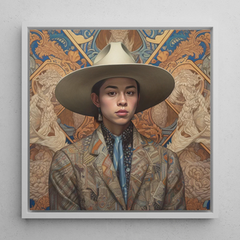 Angel - Latinx Transgender Cowboy Art Print / Canvas Framed Portrait Person Off-white Wide-brimmed Hat Patterned Blazer Latinx Transgender