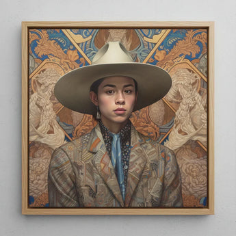 Angel - Latinx Transgender Cowboy Art Print / Canvas Framed Portrait Person Wide-brimmed Beige Hat Patterned Blazer, Dandy, Outlaw Prints
